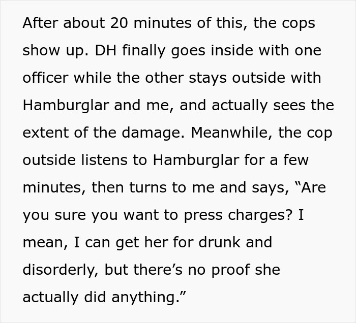 Text excerpt describing police interaction with suspected Hamburglar step-mom after food theft causing dispute and CPS involvement concerns.