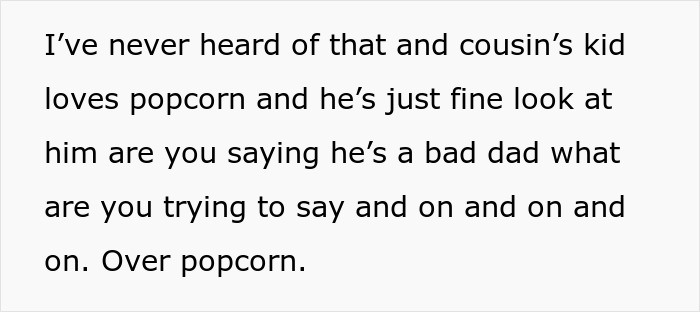 Text excerpt showing a rude mother causing tension and potentially ruining a family dinner over popcorn disagreement.