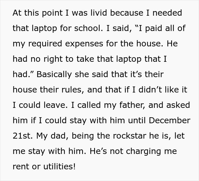 Text excerpt about a teen escaping a horrible family after conflict with step-father, seeking refuge with supportive father.