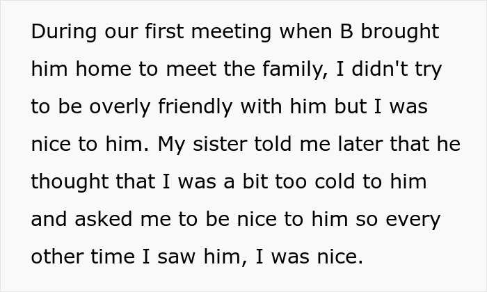 Person reflecting on first meeting with boyfriend, showing cautious kindness influenced by younger sister's advice.