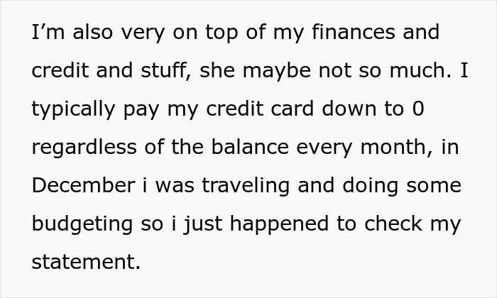 Text excerpt about managing finances and credit card use, highlighting checking statements while traveling and budgeting.