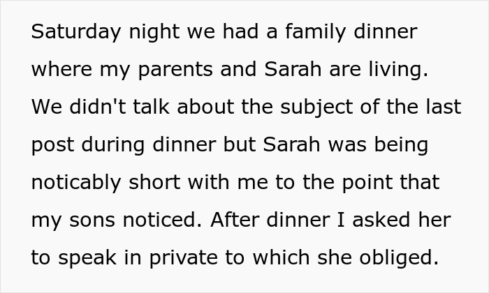 Text passage describing a tense family dinner highlighting sister-relationship cheater work drama with noticeable conflict.