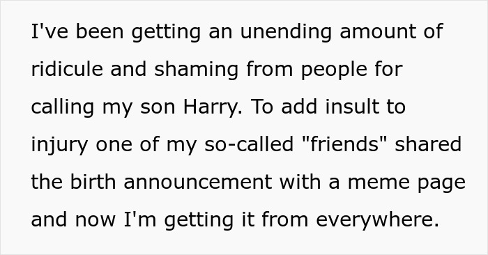 Text about facing ridicule and shaming for naming son Harry, highlighting challenges of naming son Harry Potter.