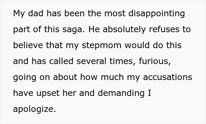 Text excerpt discussing a stepmom accused of stealing food, causing family conflict and a potential CPS visit.