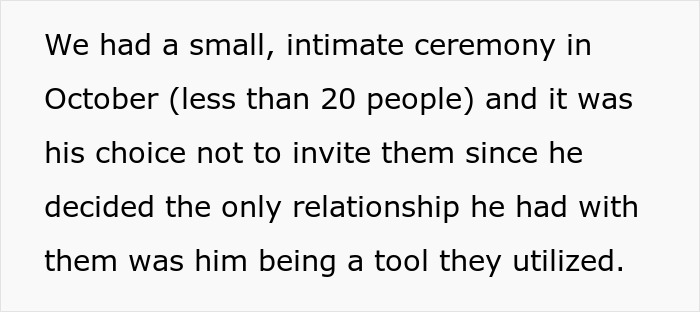 Text about a small intimate wedding ceremony and cutting toxic family ties, excluding MIL from the event.