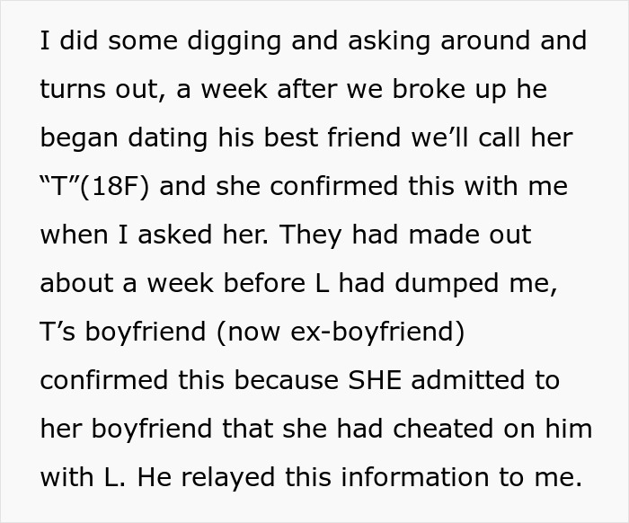 Text excerpt revealing a cheater breaking his girlfriend&rsquo;s heart and dating her best friend soon after their breakup.