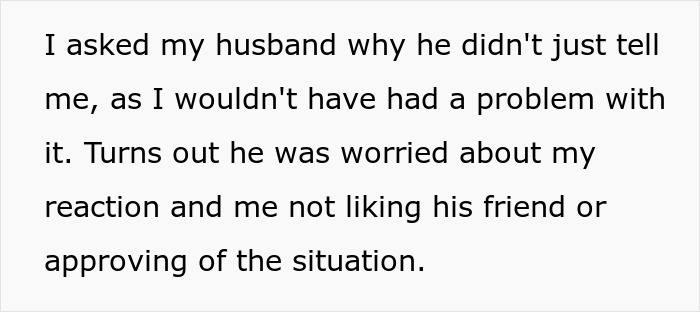 Text on a white background explaining a suspicious husband worried about a long hairs shower situation and his wife's reaction.