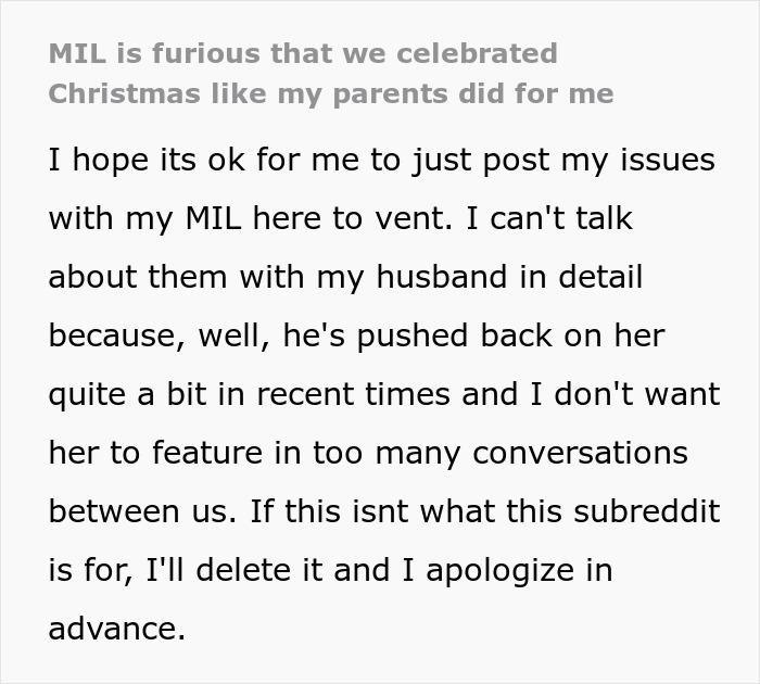 Text post about Muslim MIL upset over grandson celebrating Christmas, accusing DIL of erasing culture, shared on Reddit for venting. Text post about Muslim MIL upset over grandson celebrating Christmas, accusing DIL of erasing culture, shared on Reddit for venting.