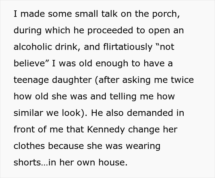 Text describing a mom describing creepy flirtatious behavior from daughter's friend’s dad, giving creepy vibes.