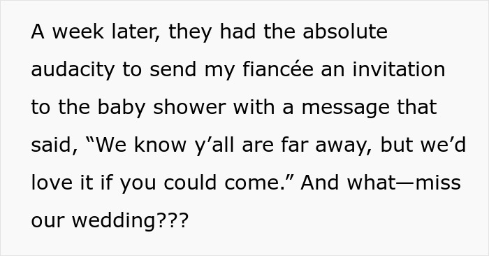 Text excerpt showing frustration over the groom&rsquo;s brother planning a baby shower on the wedding day, causing drama.