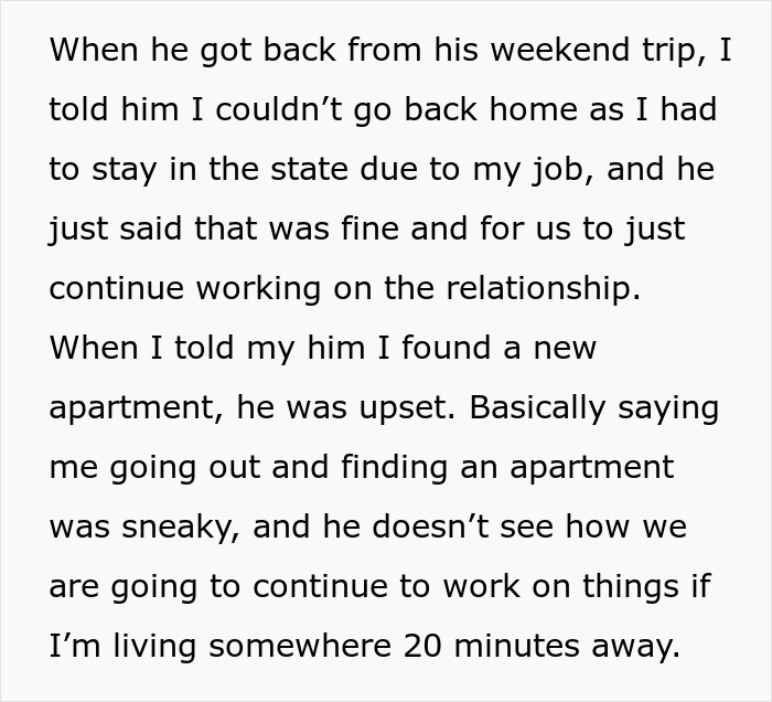 Excerpt of text about boyfriend giving girlfriend time to fix finances before marriage, discussing relationship and living situation.