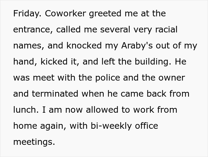 Text excerpt describing a coworker conflict involving entitlement, police involvement, and work-from-home arrangements.