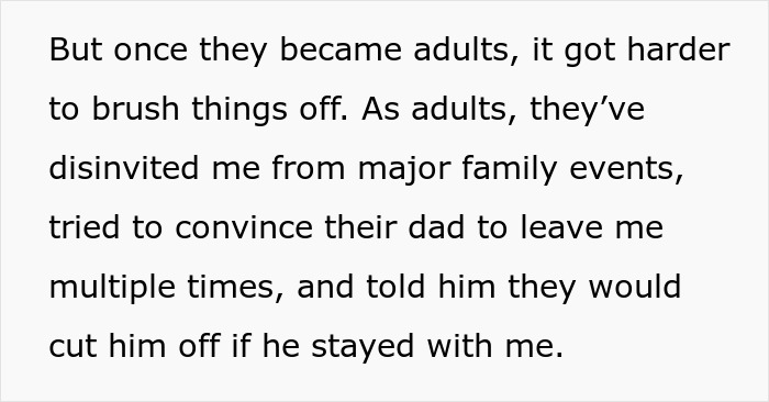 Text about stepdaughters causing a broken relationship through cheating and lies, leading to family conflicts and disconnection.