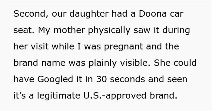 Text excerpt about a mother disputing postpartum boundaries involving a Doona car seat brand.