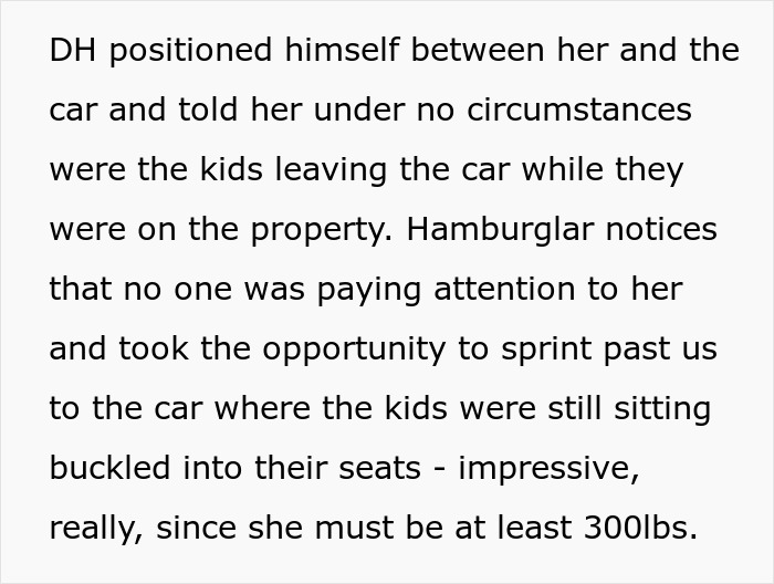 Text describing a couple suspecting the wife's Hamburglar step-mom steals their food and causes a CPS visit.