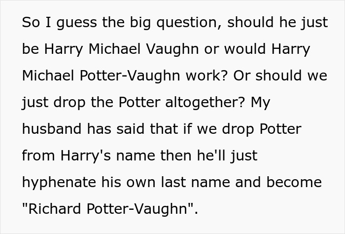 Discussion about naming son Harry Potter with options like Harry Michael Potter-Vaughn or dropping Potter altogether.