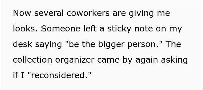 Alt text: Coworker refuses to contribute $50 to retirement gift after being treated poorly at work, facing pressure to reconsider.