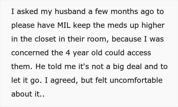Text about a daughter-in-law asking mother-in-law to keep meds out of kid&rsquo;s reach, husband disagrees and lectures her.