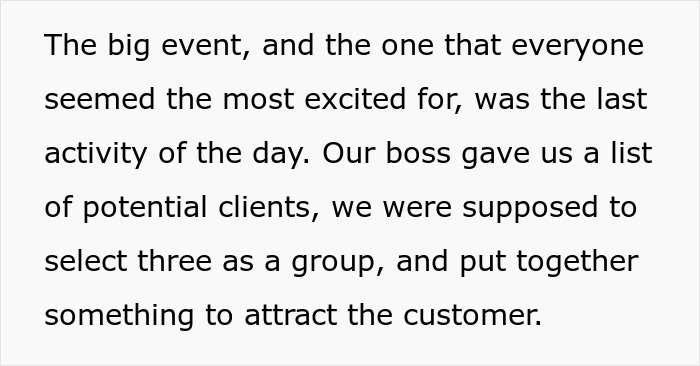 Text about a work event where a group selects clients and creates a plan to attract customers after a crude drawing incident.
