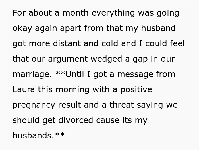 Text about a husband spinning a tale involving a pregnant bestie, causing shock and disbelief in his wife.