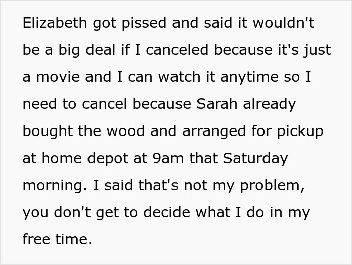 Text showing a conversation about a woman volunteering her boyfriend for free labor and him refusing to comply.