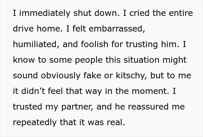 Text excerpt from a boyfriend fake proposal love museum story depicting feelings of embarrassment and trust in a relationship.