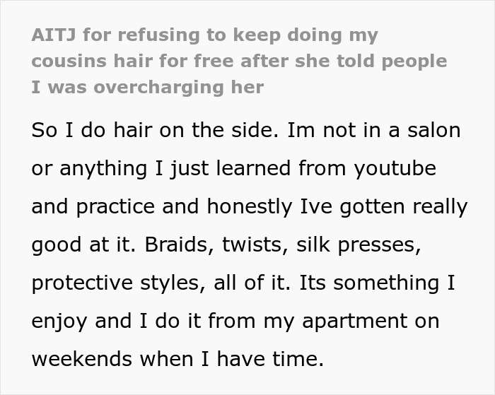 Text post about learning and practicing free hairstyles like braids, twists, and silk presses outside a salon setting.