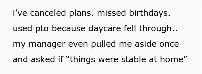 Text block showing a personal message about canceled plans and struggles with daycare, reflecting challenges of a single mom.