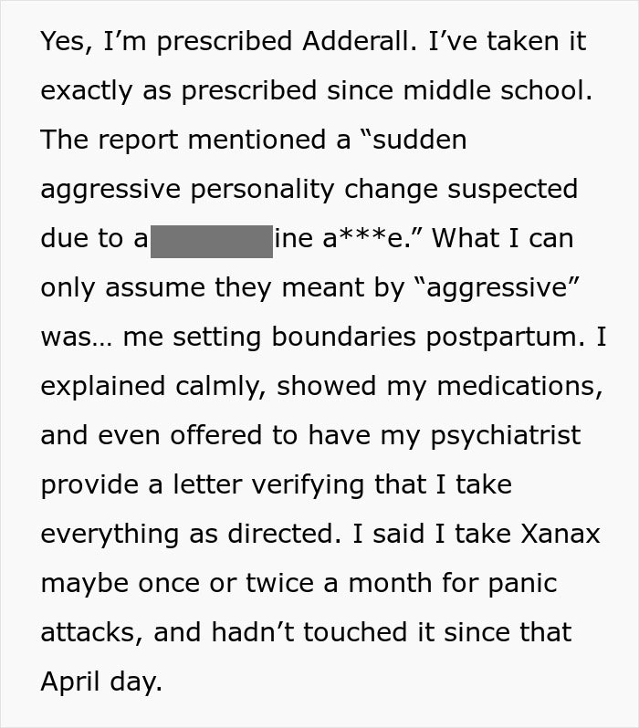 Text excerpt discussing aggressive personality change linked to setting postpartum boundaries and medication verification.