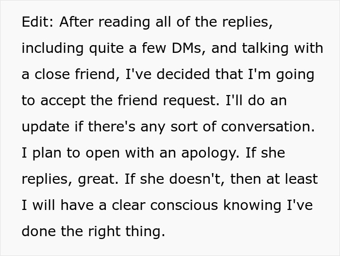 Text post about deciding to accept a friend request and planning to open with an apology after a crude drawing incident.
