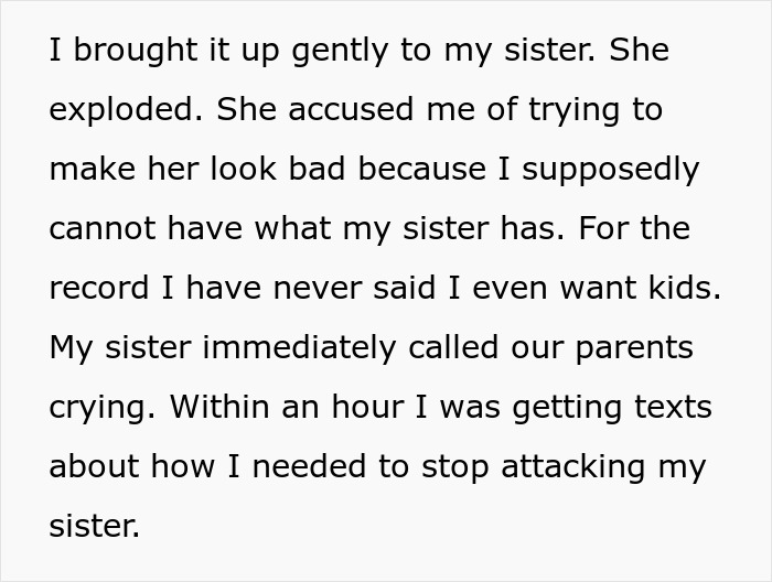 Text about sister conflict and parents defending the golden child despite neglect and CPS involvement.