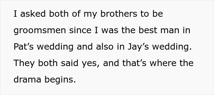 Text describing the groom&rsquo;s brother causing drama at the wedding and planning a baby shower on the same day.