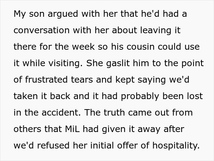 Text describing a son&rsquo;s wife being tormented and lied about by an evil MIL showing no sympathy after a home fire.