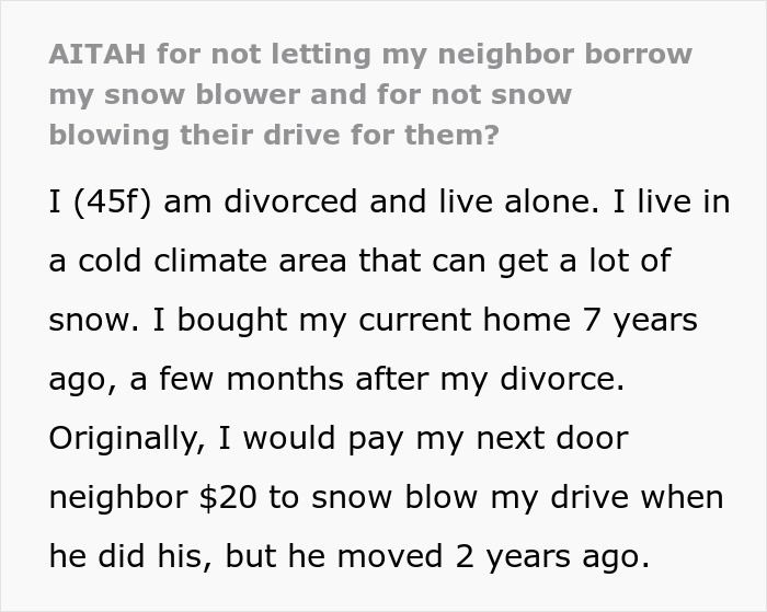 Text excerpt from a woman explaining why she refuses to lend her snow blower to a neighbor she never met before.