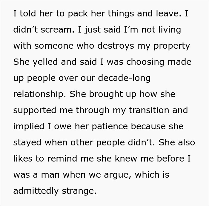 Text excerpt from a man confronting his controlling girlfriend after she destroyed his property, ending his fiction mania.