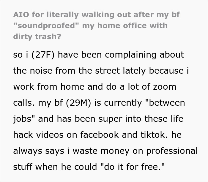 Text post describing a DIY lover using stinky egg cartons to soundproof a girlfriend’s home office, causing frustration.