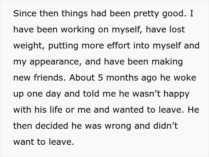 Text excerpt about a woman sharing her struggles with husband who keeps leaving and coming back.