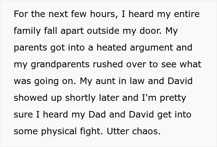 Text describing family chaos after one DNA test reveals uncle is actually dad, causing heated arguments and fights.