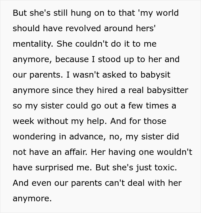 Text excerpt describing a toxic woman upset over parenting help and no longer trusted for babysitting duties.