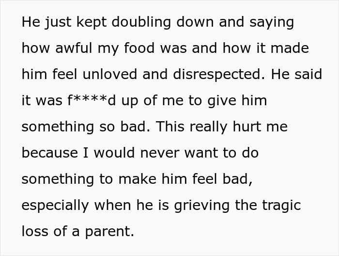 Text excerpt describing a woman&rsquo;s food being harshly criticized by her grieving boyfriend after bringing leftovers to support him.