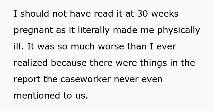 Text excerpt about postpartum boundaries causing physical illness and distress during pregnancy related to family retaliation.