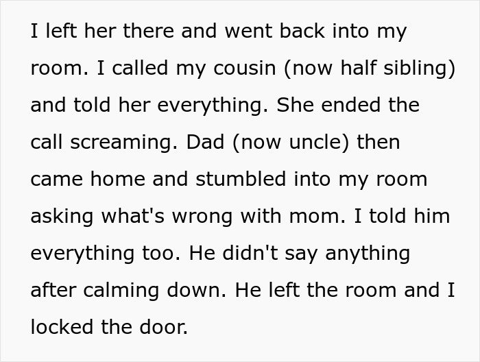 Text excerpt about family chaos after a DNA test reveals uncle is actually the father, causing major emotional turmoil.