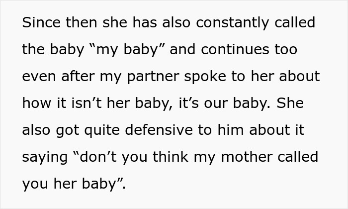 Text discussing a pregnant woman uncomfortable with mother-in-law actions claiming the baby as her own.