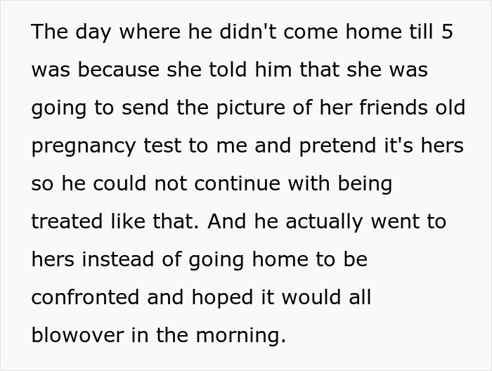 Text excerpt describing a man spinning a tale about a pregnant female bestie, shocking his wife with the made-up story.