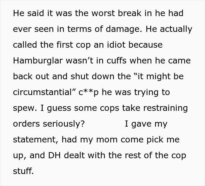 Text excerpt discussing damage from a break-in involving the Hamburglar and issues with restraining orders.
