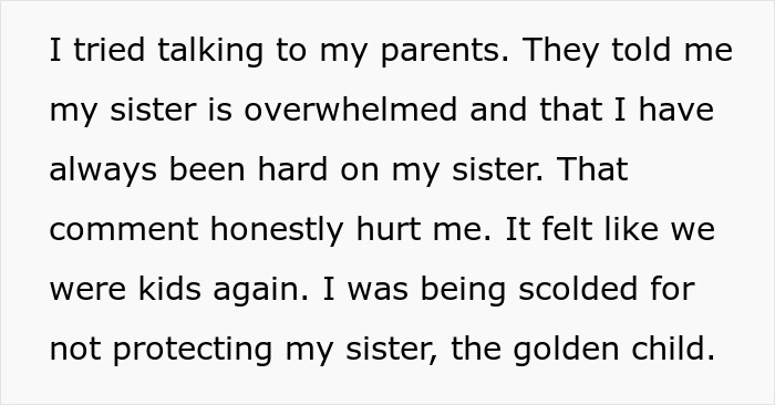 Text describing a person feeling hurt after parents defend the golden child despite neglect, leading to calls to CPS.
