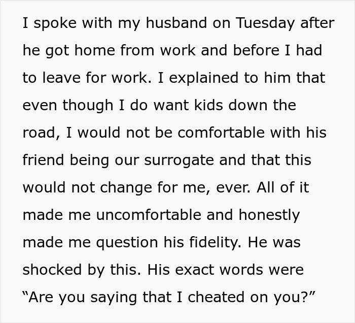 Text excerpt discussing an infertile wife’s discomfort with husband’s baby-making plan involving a surrogate friend.