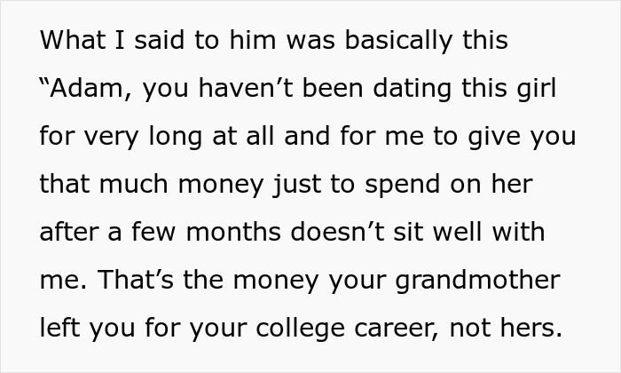 Text excerpt discussing family drama over money and relationship, highlighting drama over last name and time with bio dad.