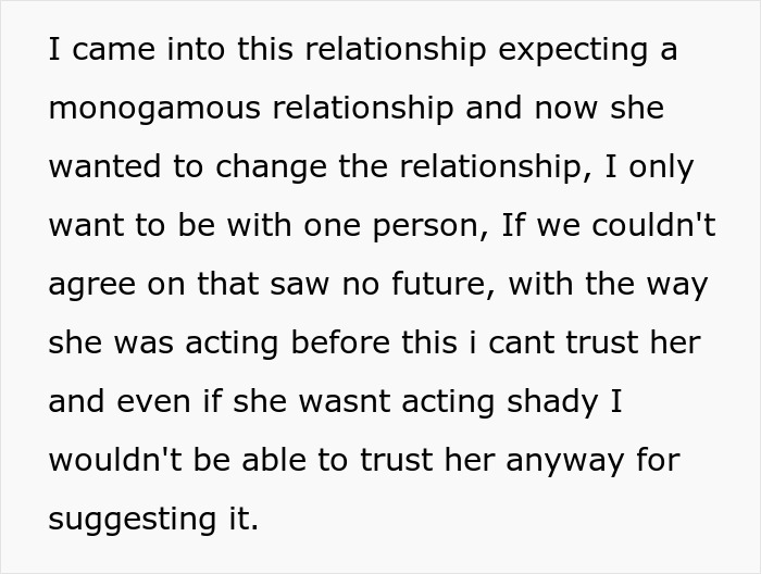 Text about a woman suggesting an open relationship and the guy breaking up with her due to trust issues.