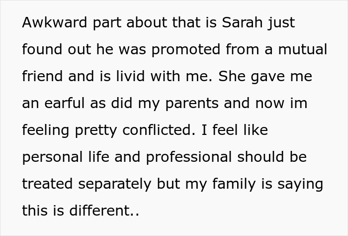 Text about sister relationship cheater work drama, expressing conflict over mixing personal and professional issues.